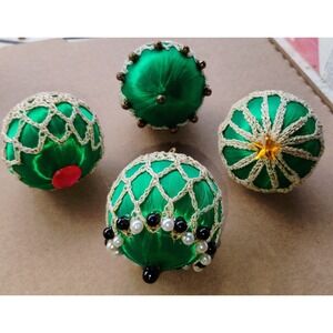 Vtg Christmas Ornaments Handmade Push Pin Beaded  Satin Mixed Lot of 4 Ornate